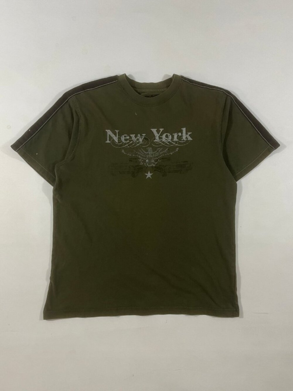 Y2K No Boundaries New York Eagle Graphic Tee Olive Green Grunge Streetwear
